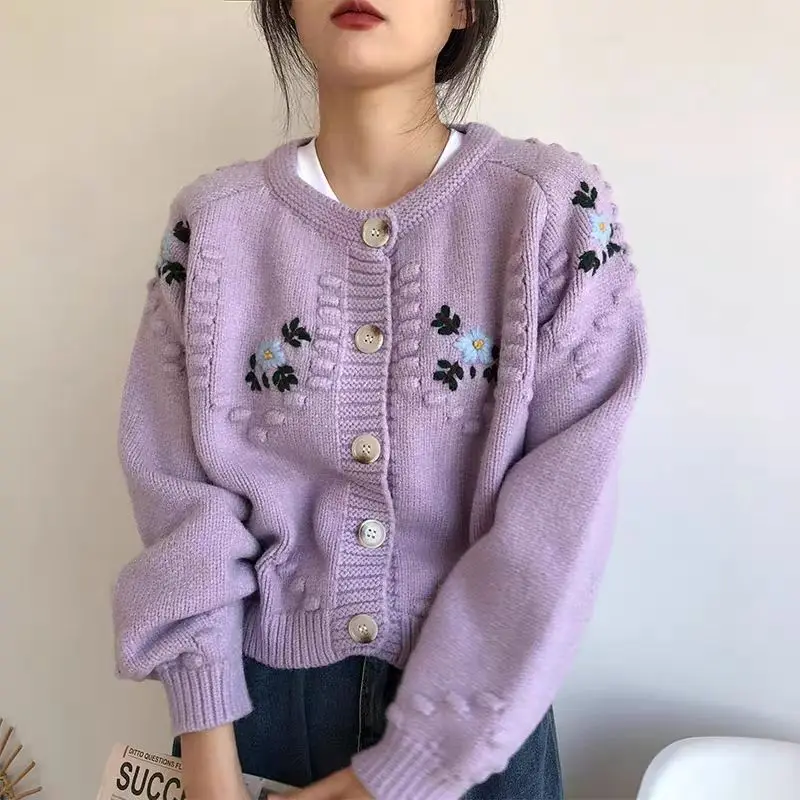 Korean style Embroidery Cardigan Women Sweet Cropped Sweaters Gentle Knitted Retro Fashion Floral Cardigan