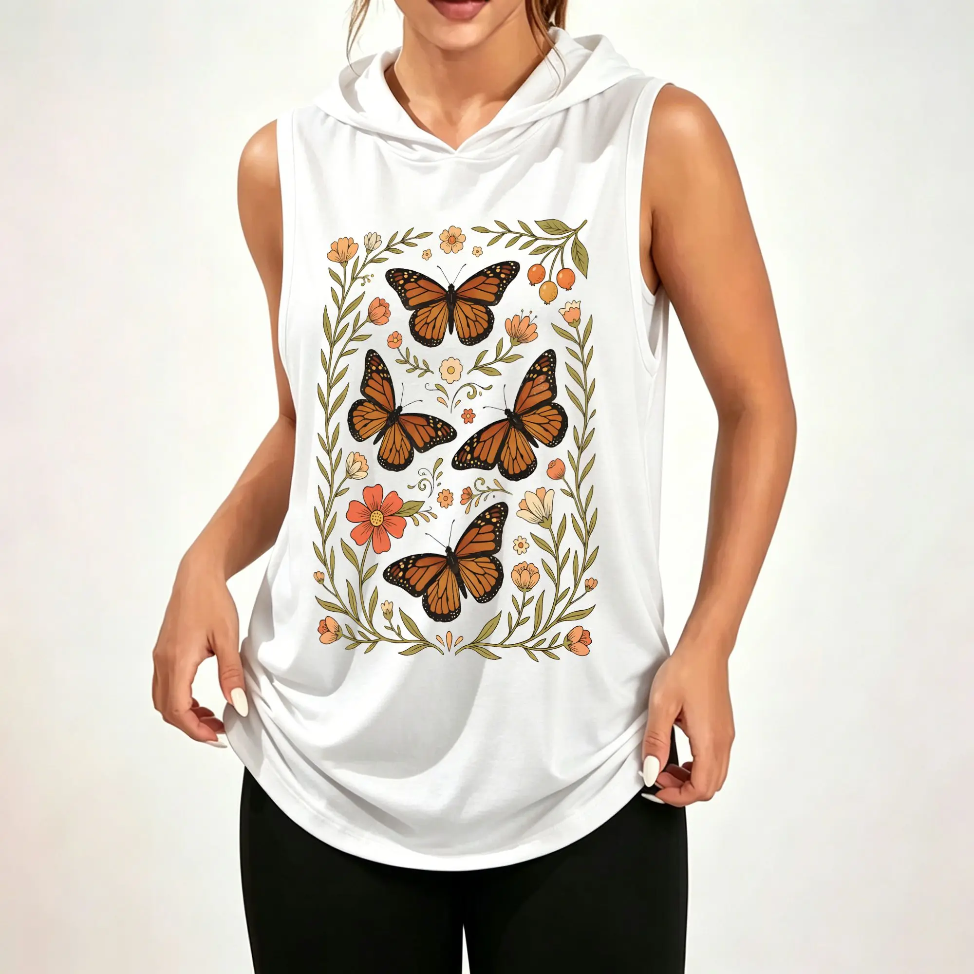 Women Sleeveless Hooded Tank Top Vintage Monarch Butterfly Floral Wreath Graphic Print Vest Casual Loose Sleeveless Hoodie Daily Wear Hood Tank Tops ****