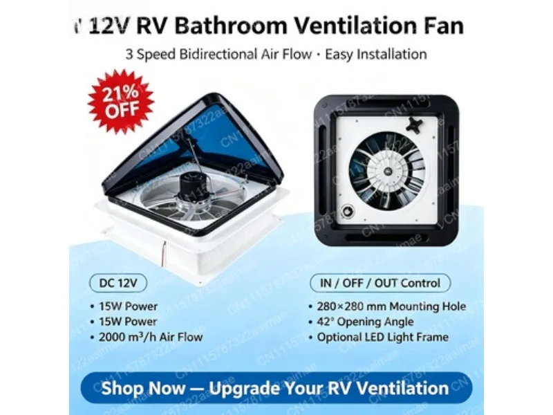 12V RV Vent Fan with LED Light, 3-Speed Reversible Exhaust Fan for Trailer Camper Van Bathroom, Quiet Small Roof Ventilation Fan