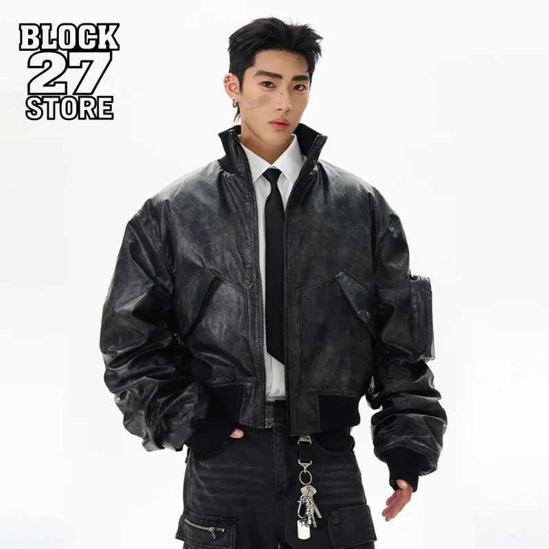 

Mens Jacket Harajuku Winter Quilted Faux Leather Short Coat Warm Thick Motorcycle Outerwear Loose Casual Streetwear Fashion New