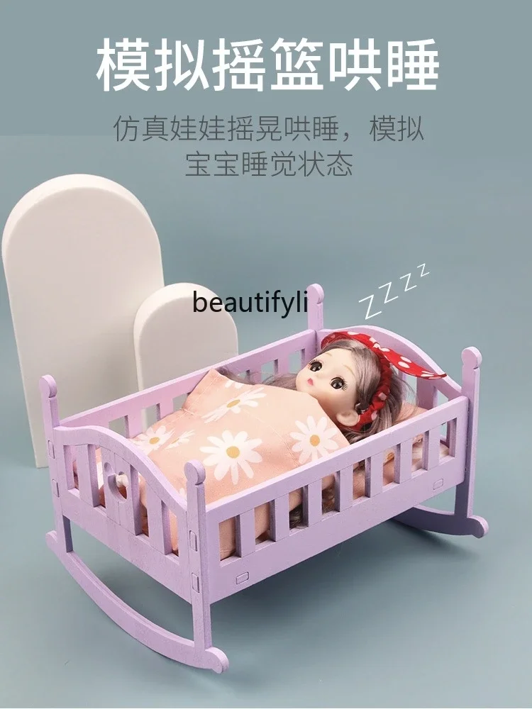 

Wooden doll girl bed princess cot cosplay wooden baby crib children play house toys