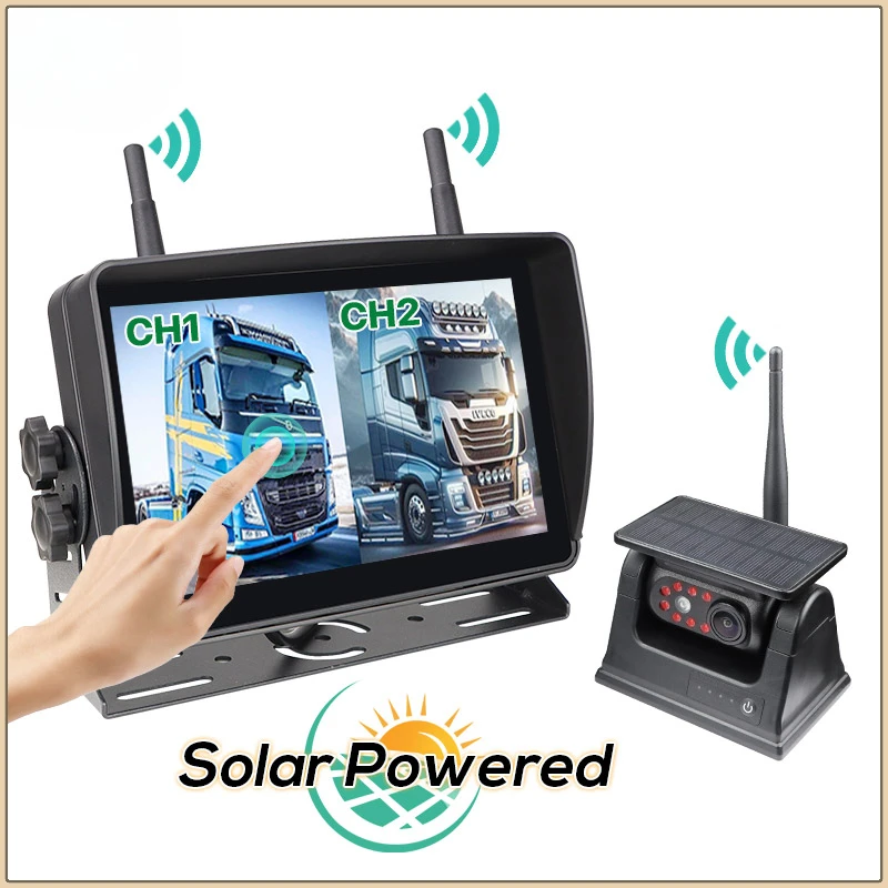 Wireless Solar Camera DVR Monitor for Truck 7-Inch Touch Screen DVR Recorder Solar Energy Reverse Backup Rear View Camera