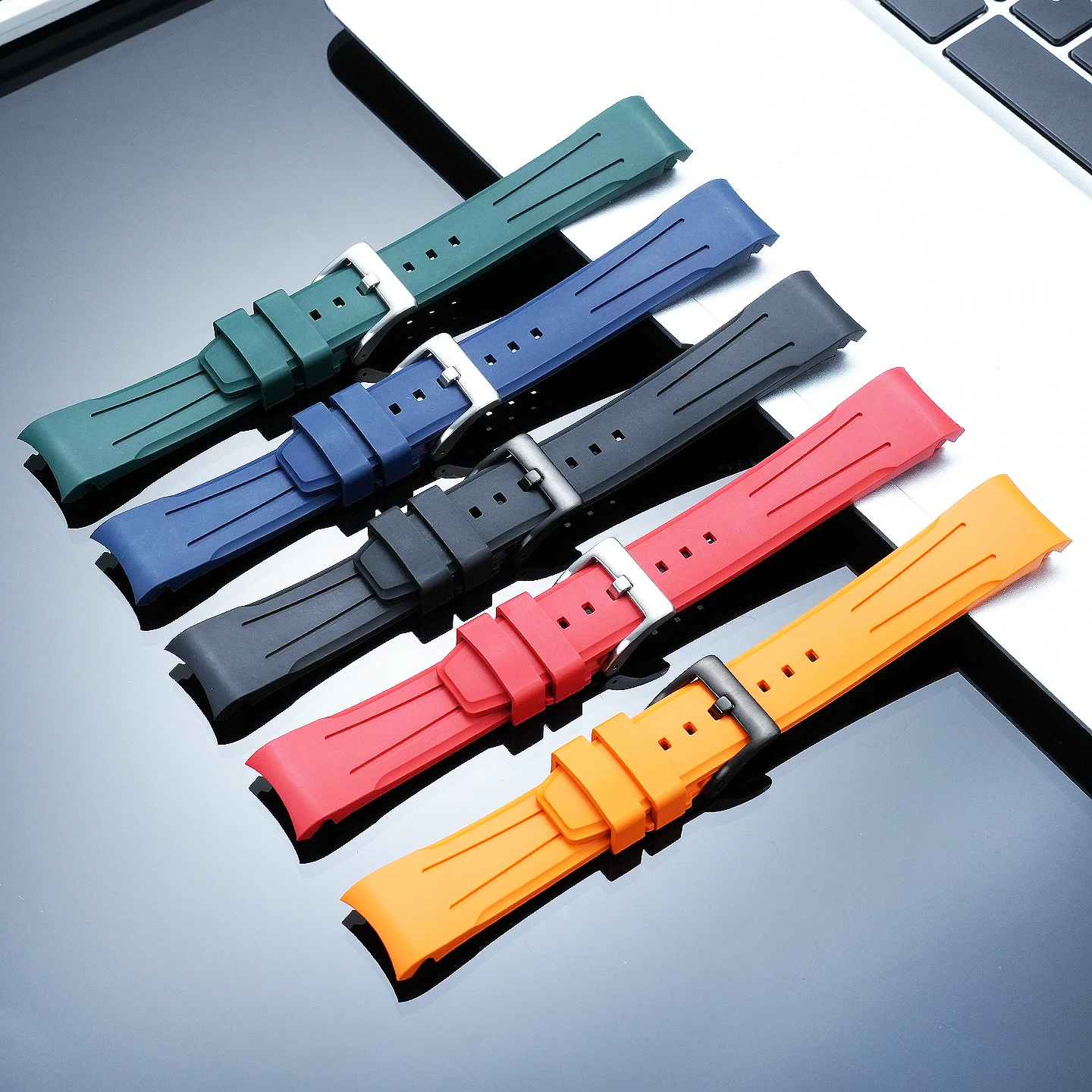 Curved End FKM Fluoro Rubber Watch Strap for Casio LCW-M300 LCW-M170, Modified Replacement Watch Wrist Band Accessor