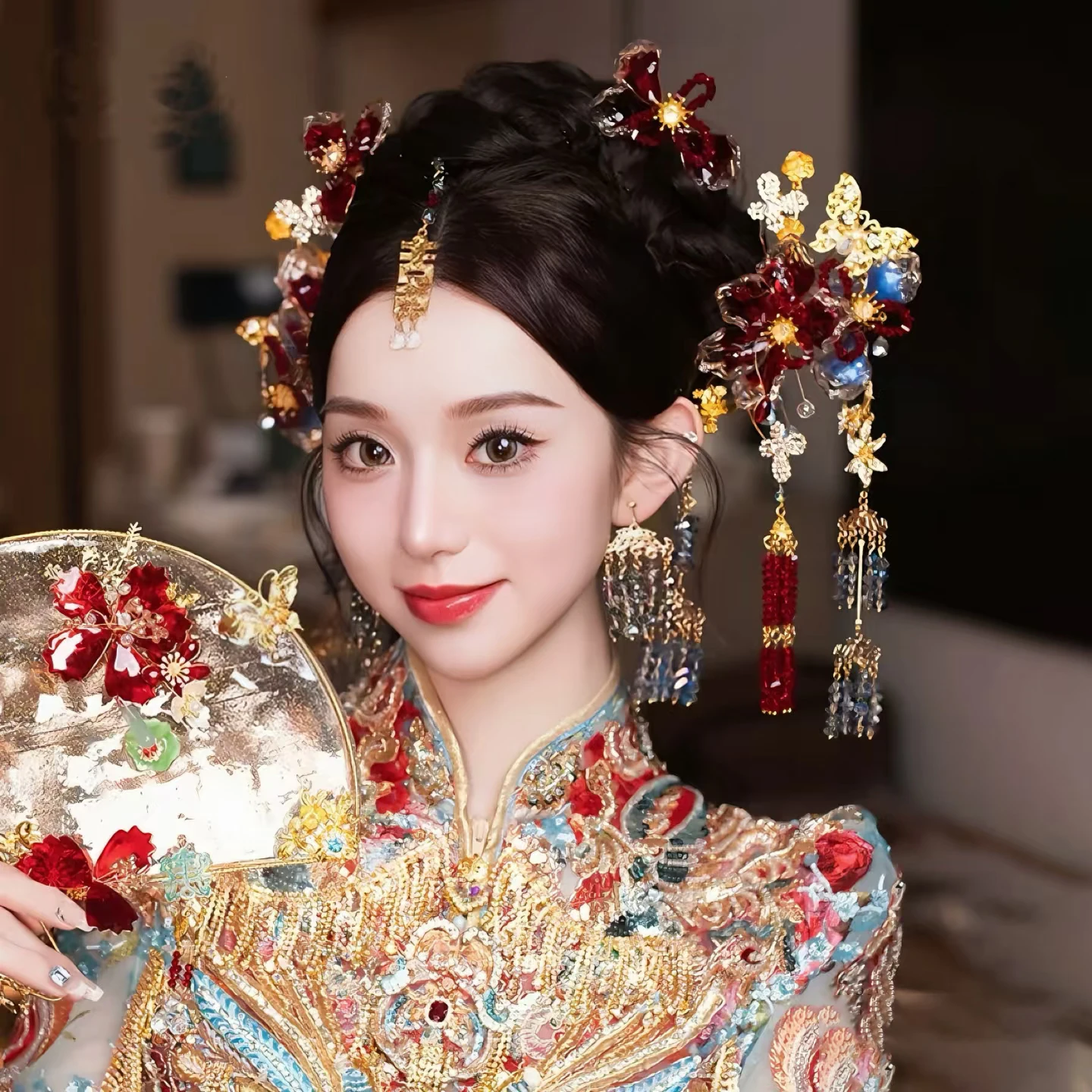 Retro Chinese Red Flower Tassel Tiara Headband with Earring Set Catwalk Stage Wedding Xiuhe Hair Accessories Elegant Headdress