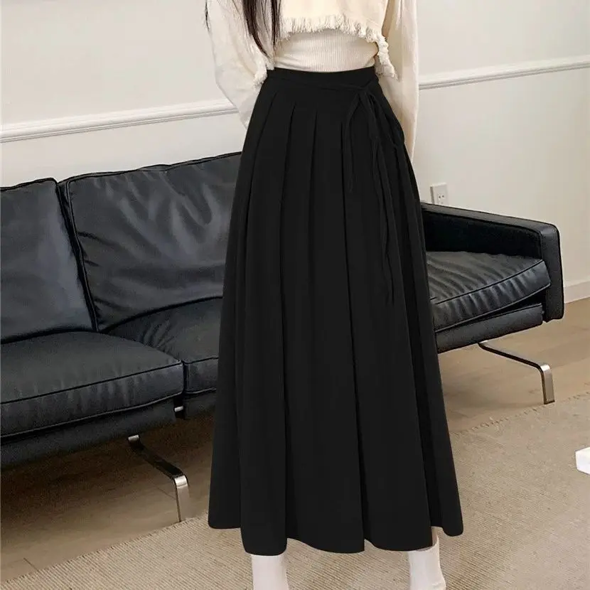 オールマッチプリーツスカート女性秋冬ハイウエスト A ライン折りスカート女性韓国ファッションベルト付きミディスカート