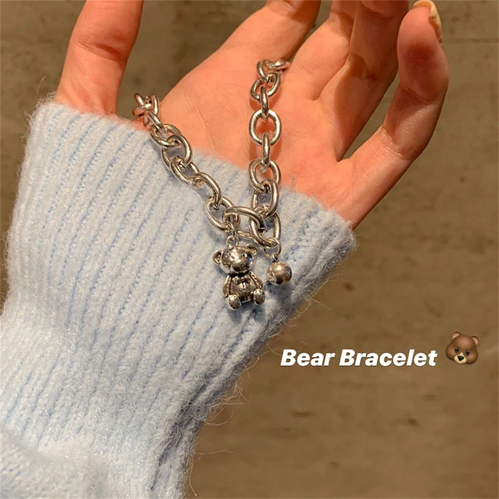 Silver Plated Light Luxury Ladies Bear Pendant Tag Charm Silver Color Bracelet Retro Thick Chain Hip Hop Bracelet Jewelry