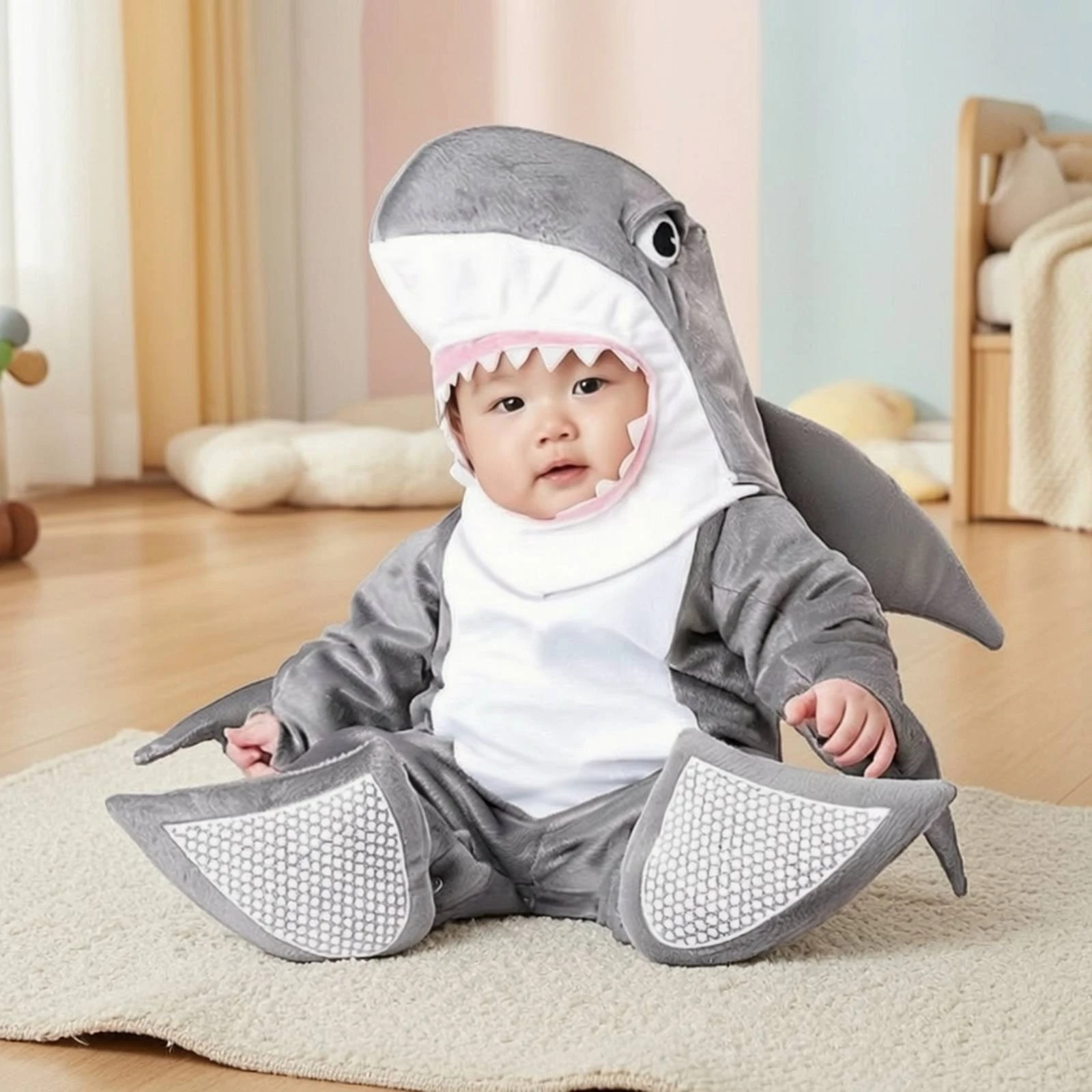 Little Shark Costume Soft Infant Shark Jumpsuit Jumpsuit with Hood Adorable One-Piece Warm for Toddlers, Halloween, Dress-Up
