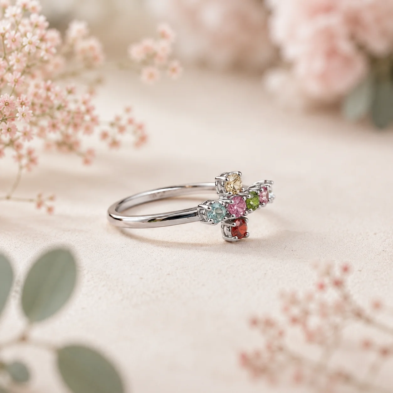 ITSMOS Handcrafted Natural Rainbow Tourmaline Cross Ring Colorful Gemstone Statement Ring Stackable Faith Jewelry for Women