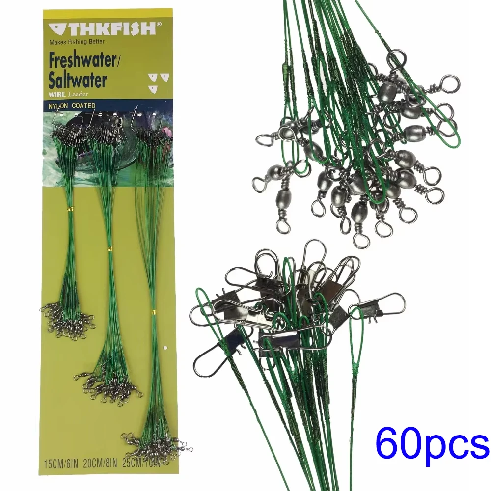 

60pcs Fishing Steel Line 15cm 20cm 25cm Anti Bite Steel Wire Leader With Swivel Connector Snap Lead Core Leash Fishing Wire