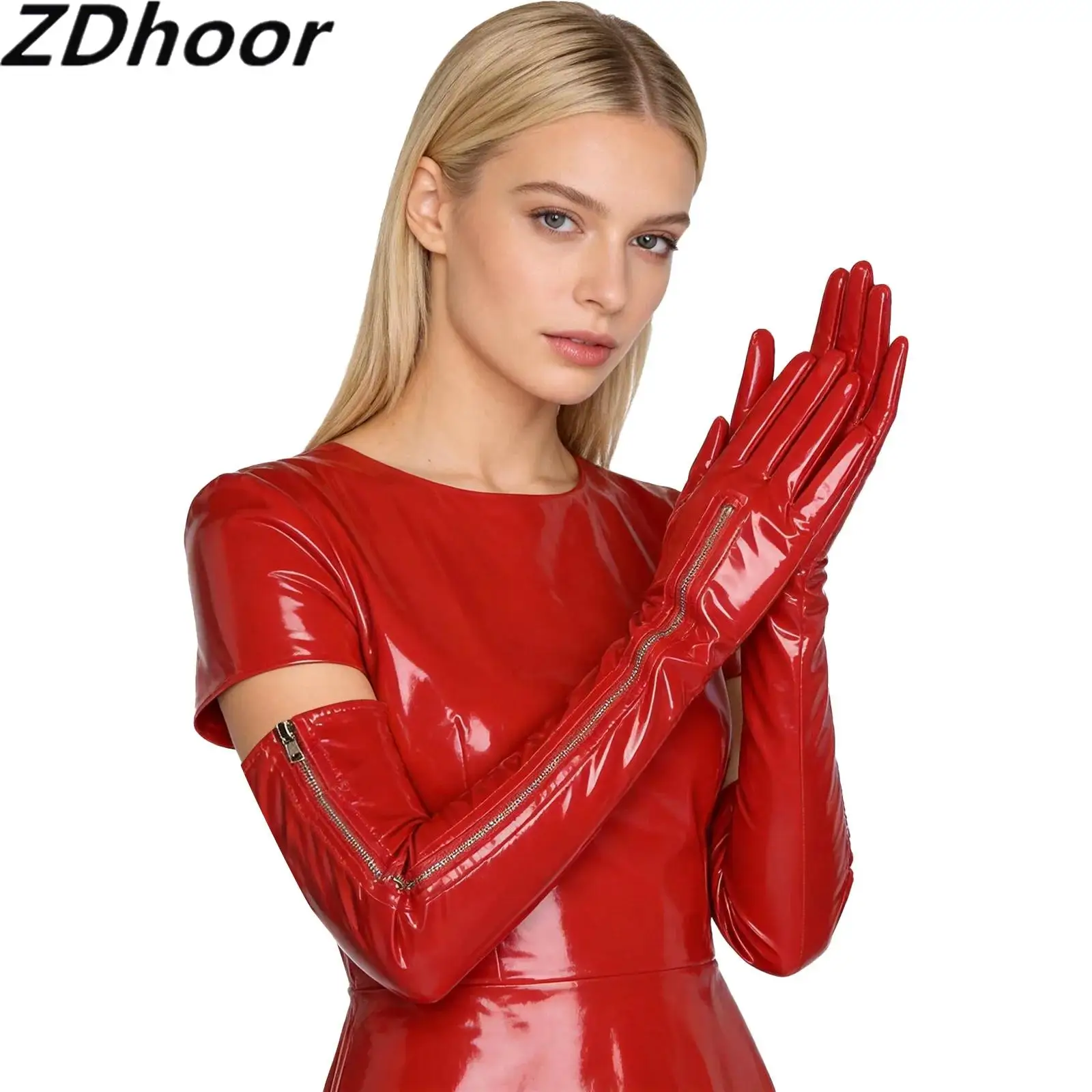 Women Long Faux Leather Gloves Full Finger Zippered Gloves Costume Accessories for Evening Party Halloween Cosplay