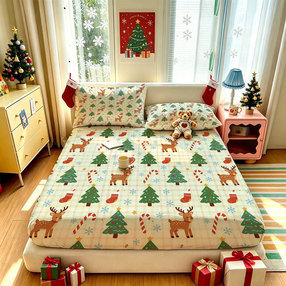 3PCS Reindeer Christmas Tree Snowflake Grid Print Bedding Set 1 Bedspread 2 Pillowcases No Insert Soft Machine Washable Xmas