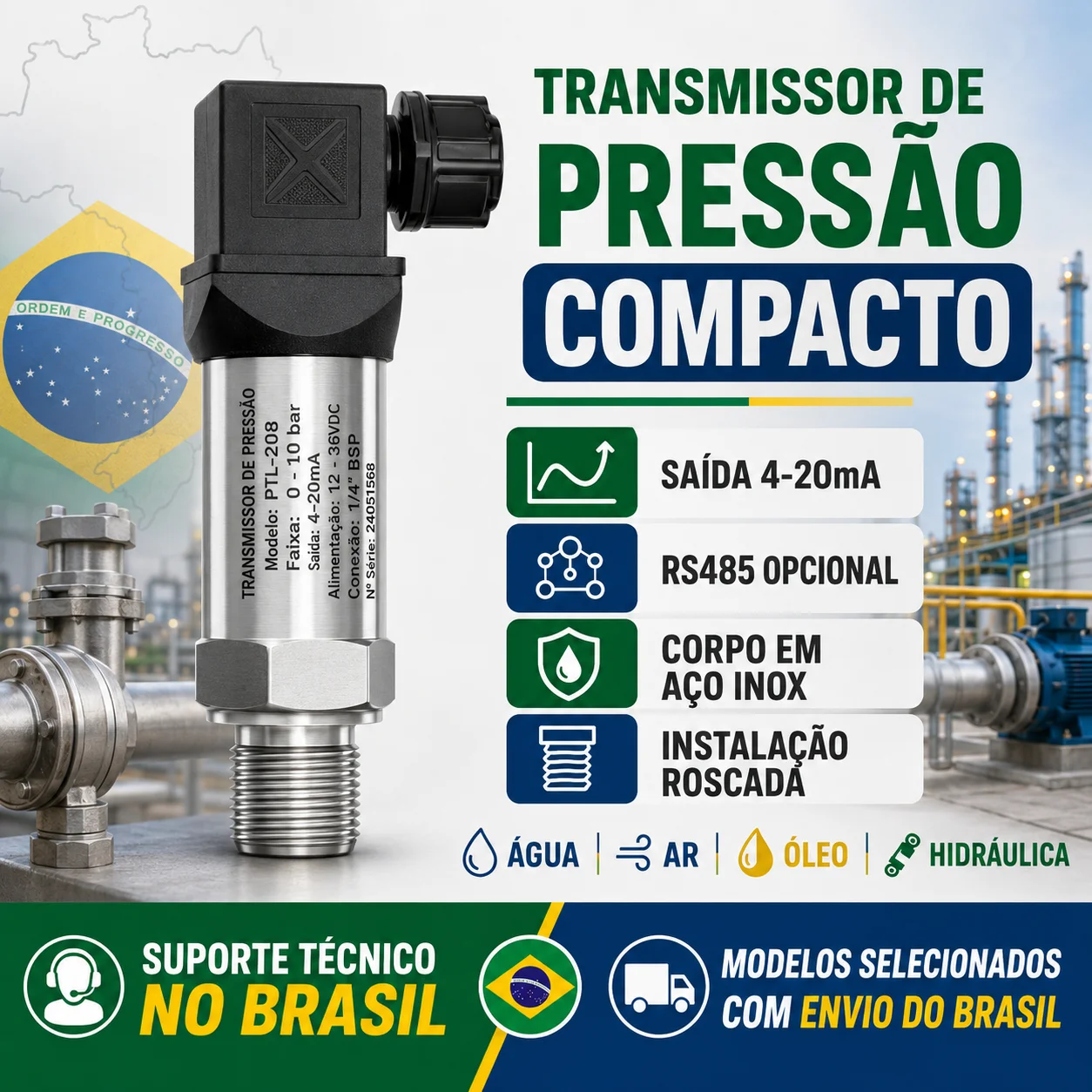 Compact Pressure Transmitter Pressure Sensor 4-20mA 0-10V RS485 Modbus Water Liquid Air Gas Oil Measurement for PLC and SCADA
