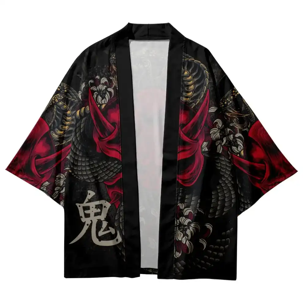 Red Oni Demon Cobra Haori Ethnic Style Flower Series Kimono Cloak Loose Seven-Sleeve Cardigan 3D Digital Printed Shirt