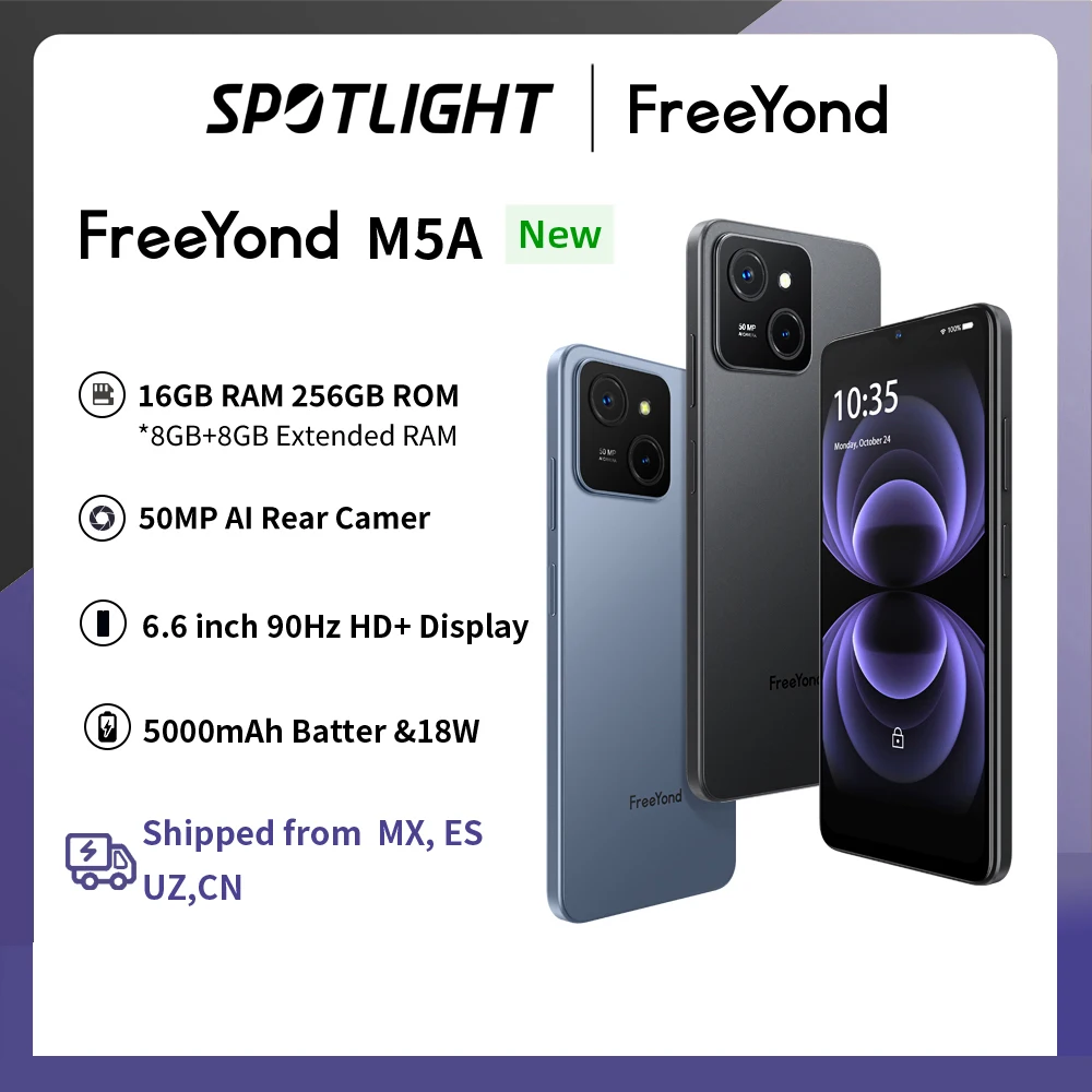 FreeYond M5A 스마트폰, 256GB ROM, 8GB RAM, 최대 16GB, 50MP, 6.6 인치, 90Hz 화면, 5000mAh, 안드로이드 13 셀룰러 