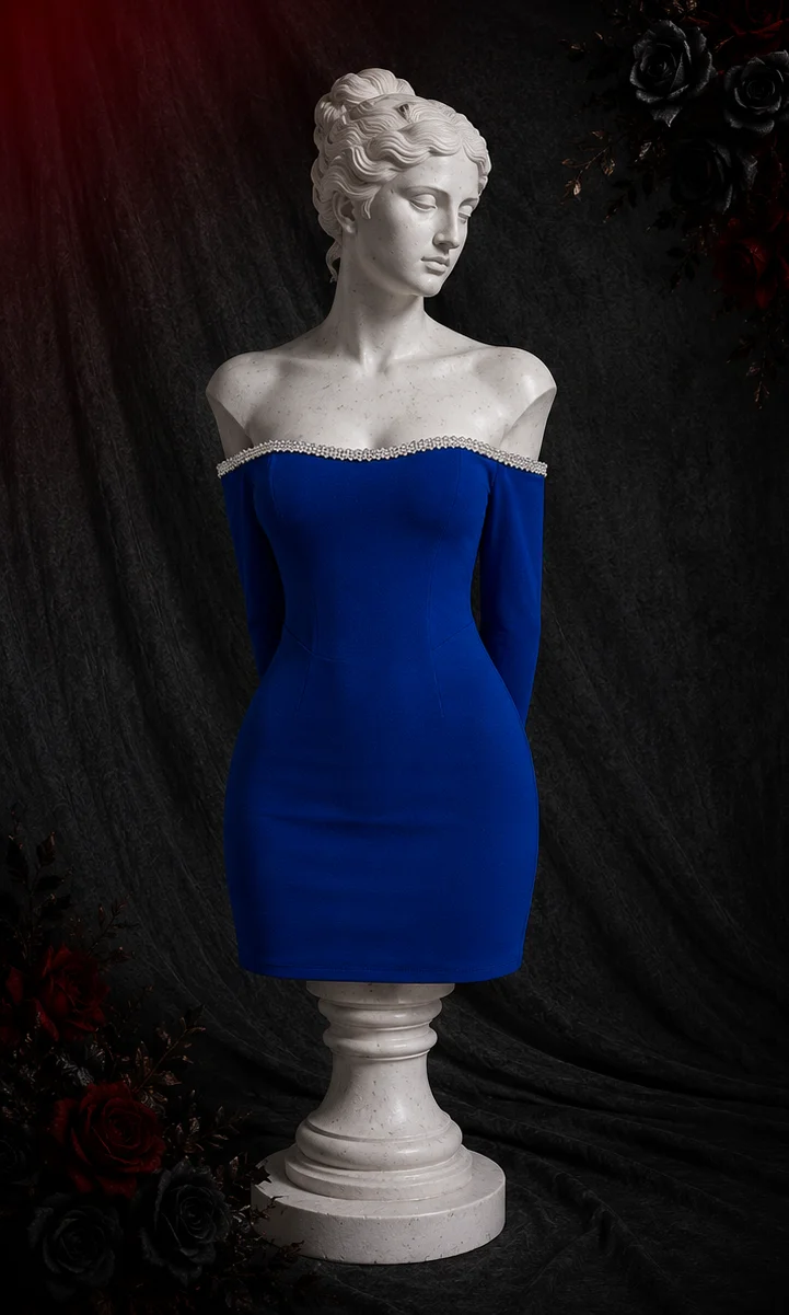 【Fragments.One choice, no more choices.】Vintage Blue Off-Shoulder Backless Pearl Bodycon Dress