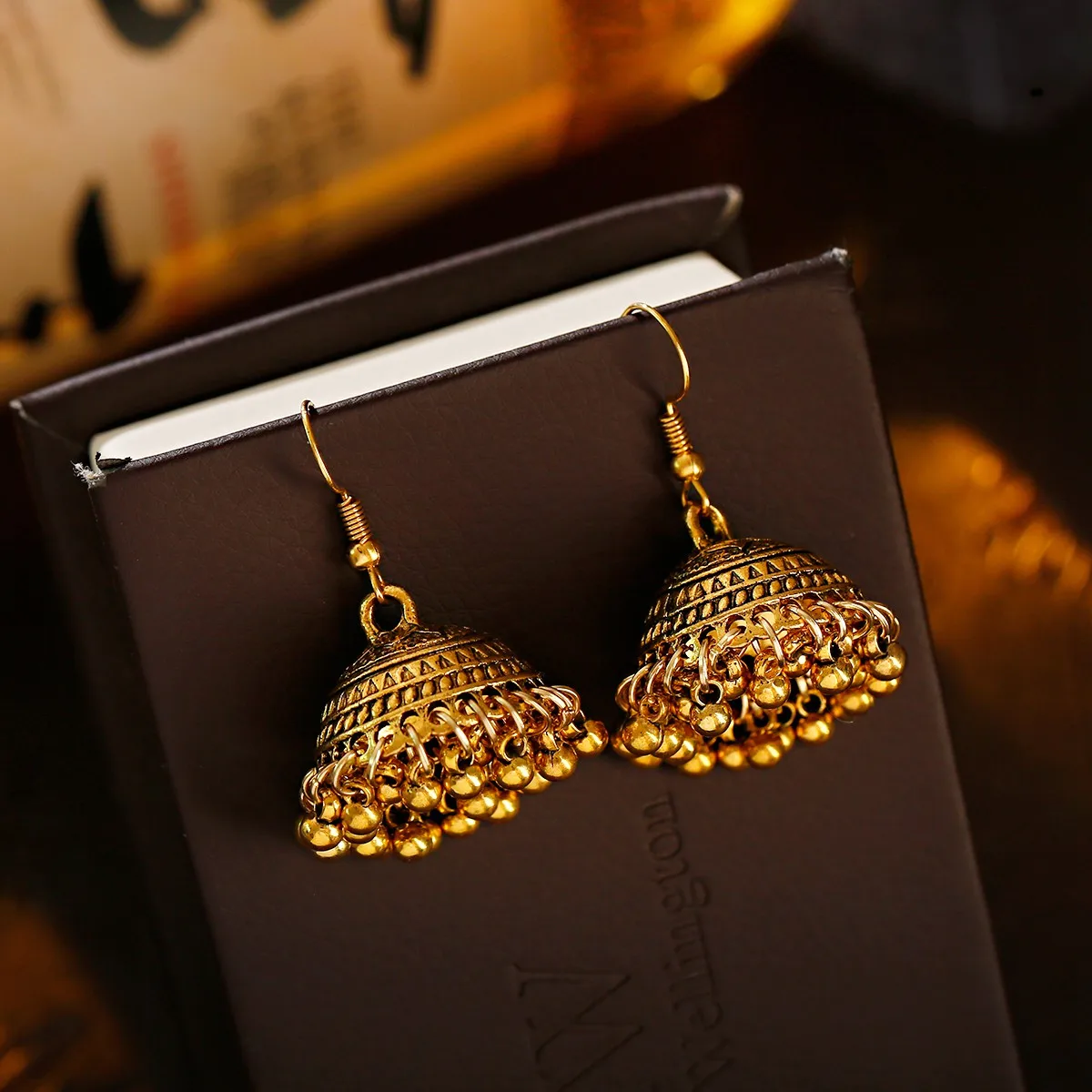 2023 Indian Jhumka Jewelry for Women Tassel Earrings Ethnic Retro Bollywood Oxidized Small Bell Tassel Carved Jhumki Dangle