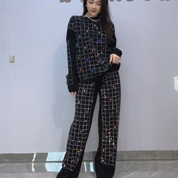 Vintage Women Hot Drilling Rainbow Diamonds Knit Sweater Plaids Rivets Pullovers Long Sleeve Tops + Straight Legs Pants 2Pcs Set