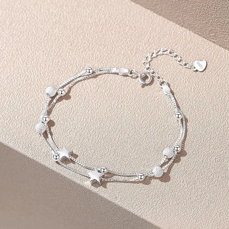 925 Sterling Silber Stern Armbänder für Frauen Original Designer doppels chichtige gefrostete Perlenkette Armband Luxus Party Schmuck