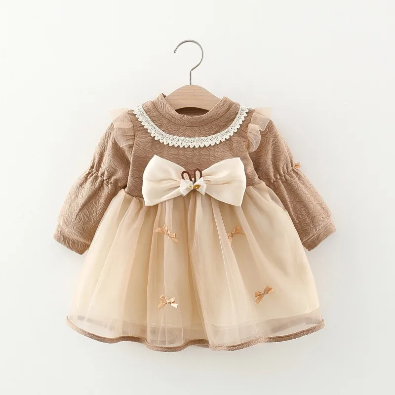 Spring and Autumn Girls Fashion Lolita Bow Patchwork Cute Simple Princess Children\'s Dress