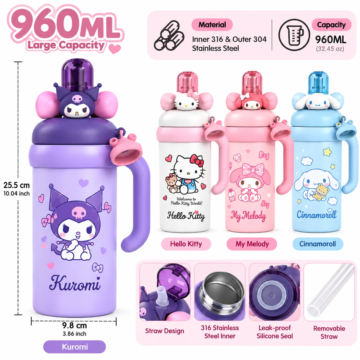 Sanrio Characters 960ml Insulated Bottle 316 Stainless Steel Straw Tumbler with Handle Kuromi Hello Kitty My Melody Cinnamoroll