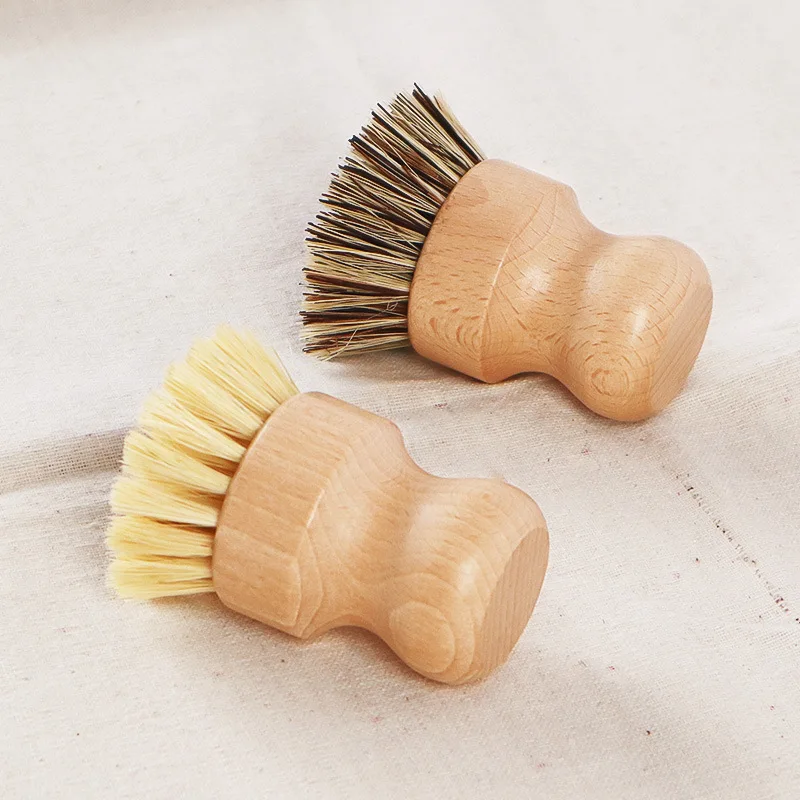 Bamboo Dish Scrub Brushes, Kitchen Wooden Cleaning Scrubbers for Washing Cast Iron Pan/Pot, Natural Sisal Bristles