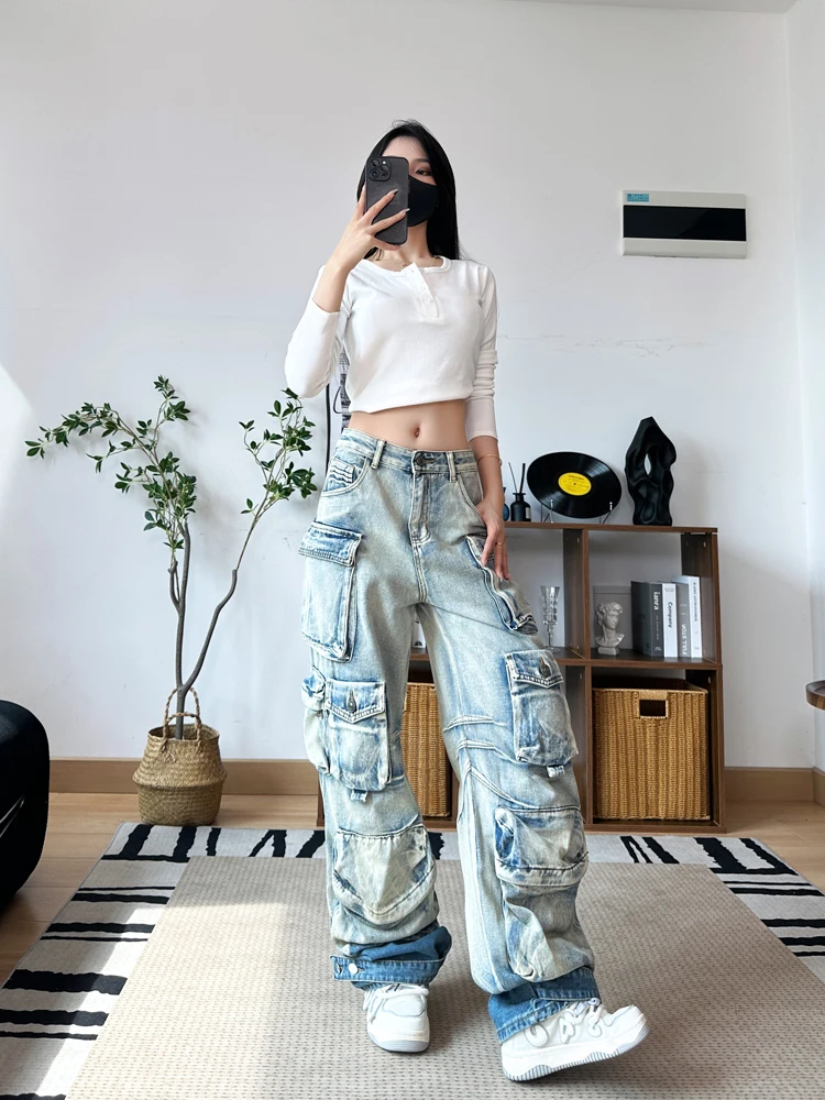 Techwear Vibe Style Women's Jeans Autumn Clothing Big Pocket Personality Punk Hip Hop Pants Wide Leg Trousers Pants