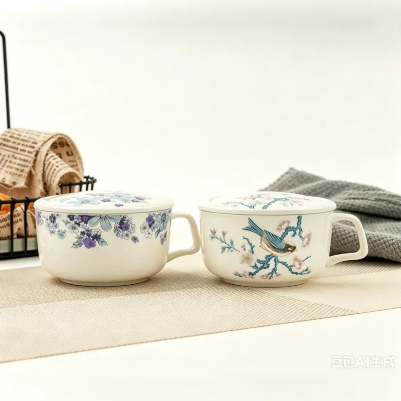 6inch, real fine bone china pretty bowl with handle with lid, ceramic food thermos bowl, cereal bowl, handle bowl, for breakfast