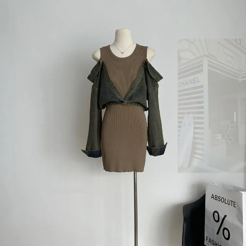 Dames nieuwe herfstrok woon-werkverkeer lichte luxe herfstjurk korte bovenkleding jonge splitsing off-the-shoulder prachtige vrije tijd