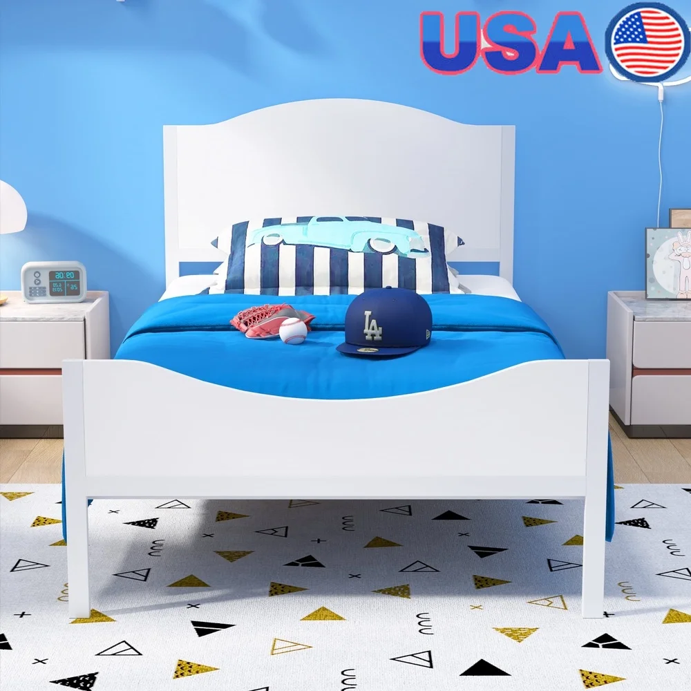 

Twin Kids Metal Platform Bed Frame with Wood Headboard Durable Steel Construction No Box Spring Required Easy Assembly Ideal