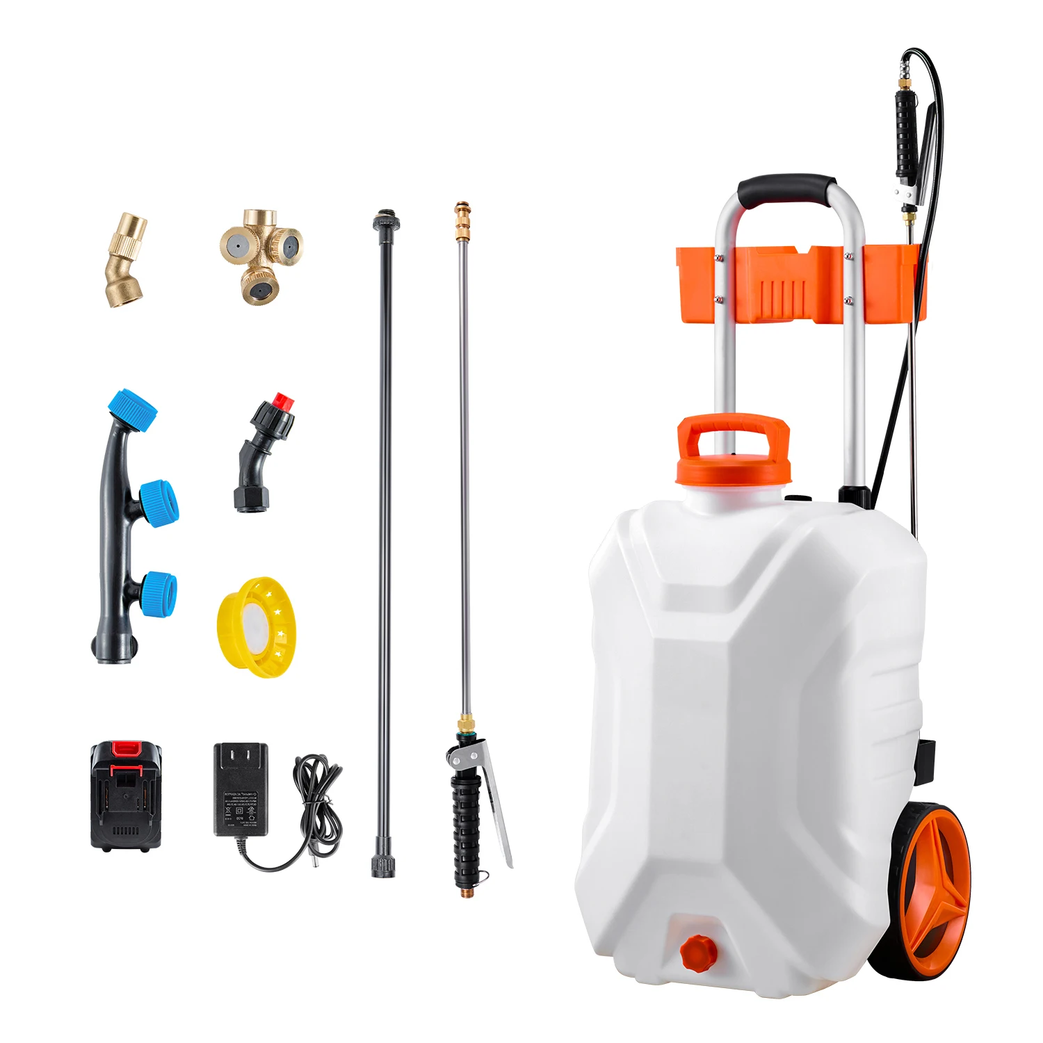 SucceBuy Battery-Powered Sprayer with Wheeled Cart Electric Weed Sprayer Adjustable Lawn Sprayers with Wheels Nozzles & Hose