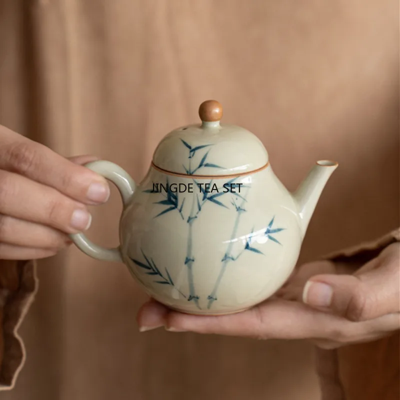 120ml Chinese handmade ceramic teapot small capacity pear shaped hand-painted bamboo leaf Kung Fu tea set