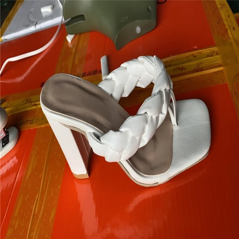 2022 New Women Weave Sandals Square Open Toe Summer Slippers Designer Beach Slides Shoes Plus Size 43 Lady Sandalias Female