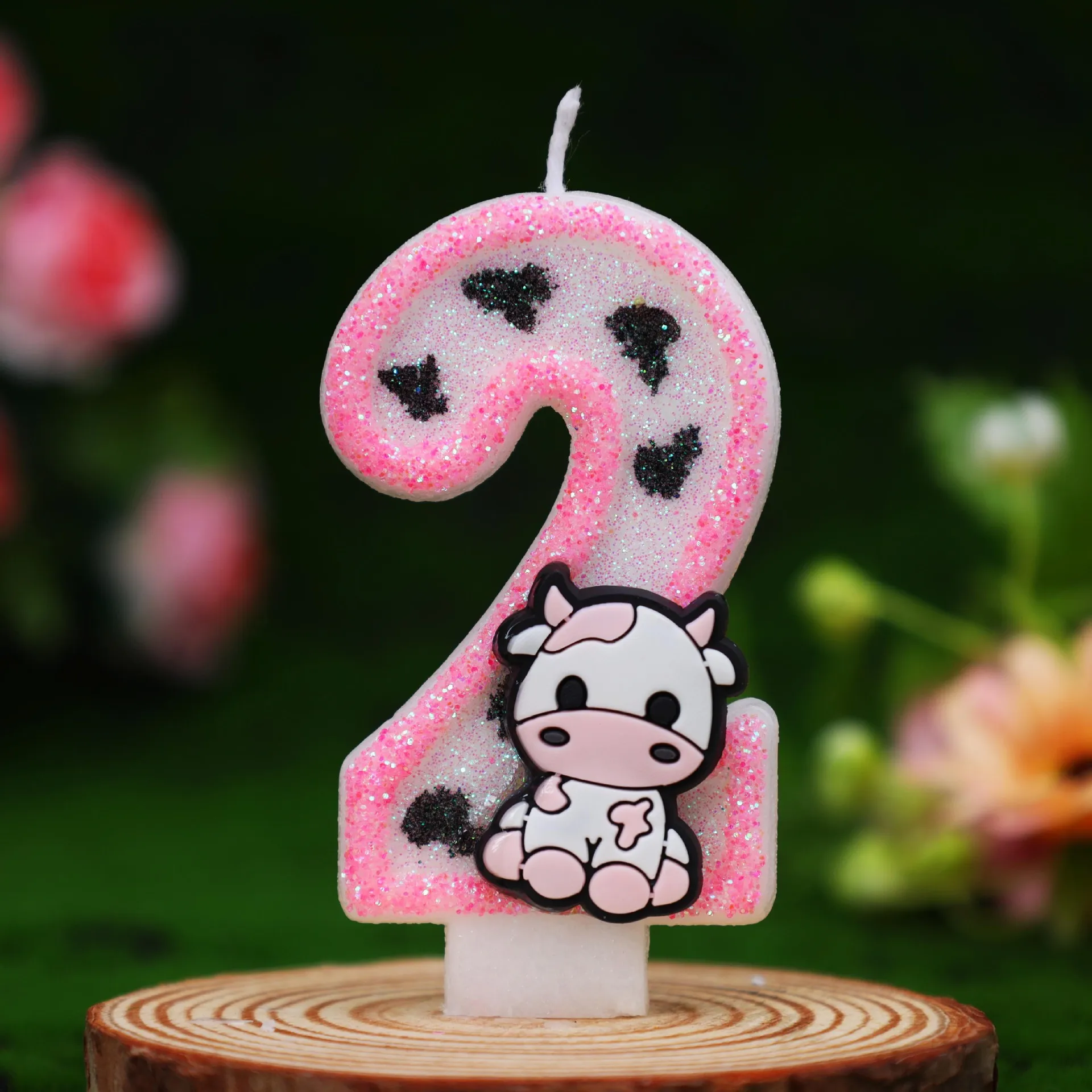 Kuhmuster-Zahlenkerzen 0-9, Niedlicher Cartoon-Kuh-Glitzer-Geburtstagstorten-Topper, Rosa Bauernhof-Tierkerze für Mädchen zum 1. Geburtstag – Detail 8