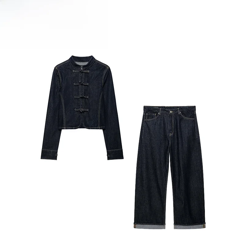 Fall New ZR Women's Denim Jacket with Rope Buckle Cuffed Jeans Two-Piece Set Long Sleeve Regular Length Chinese Manufacturer
