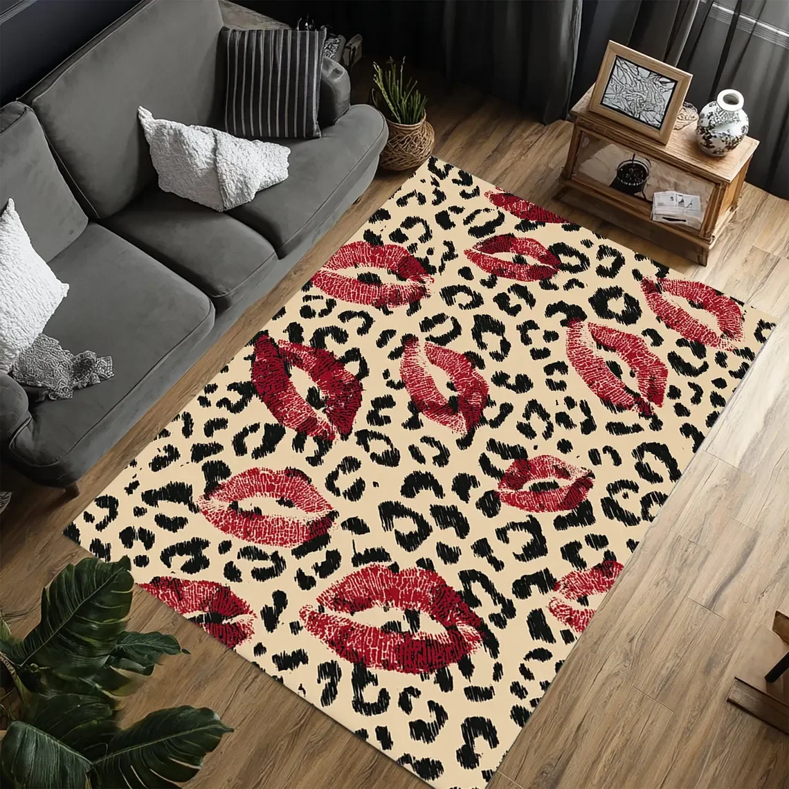 Leopard Print Heart Series Carpet Retro Punk Red Lip Carpet Women's Room Decoration Floor Mat Creative Sexy Mouth Pattern Rug