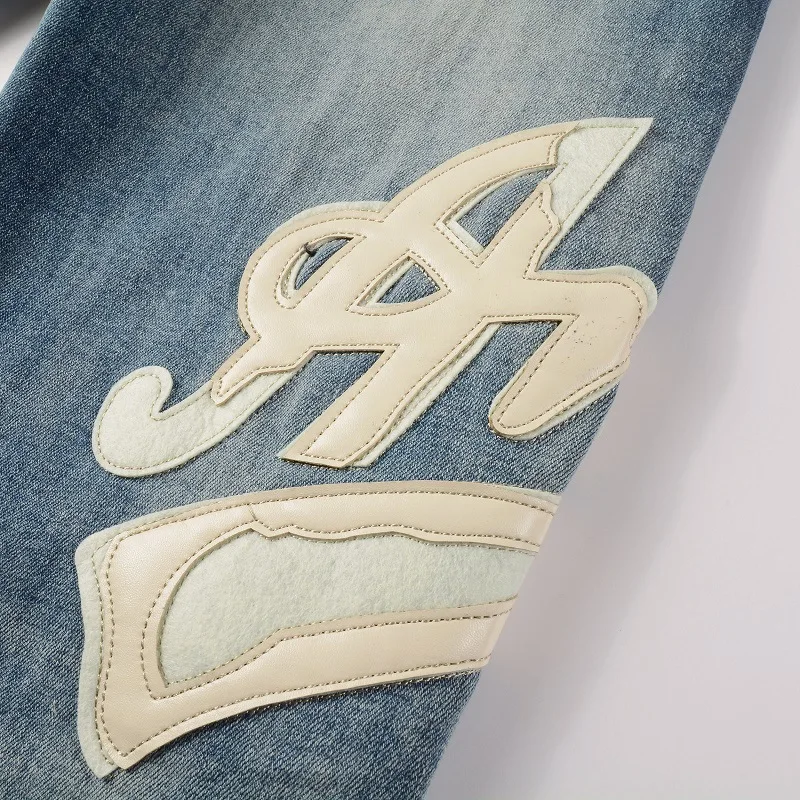 AM High Street Jeans Huruf Kulit Bordir Trendi Merek Elastis Slim Jeans Celana Pria 1311