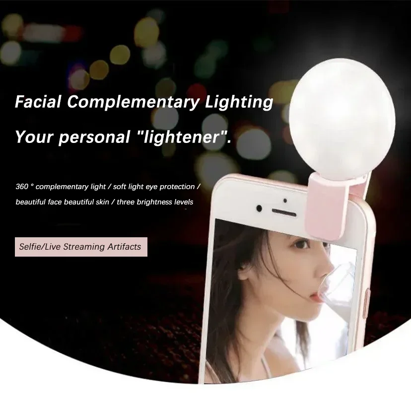 Mini Selfie Ring Light Portable Clip-on Selfie Fill Light USB Rechargeable Battery Operated LED Fill Light for Mobile Phone