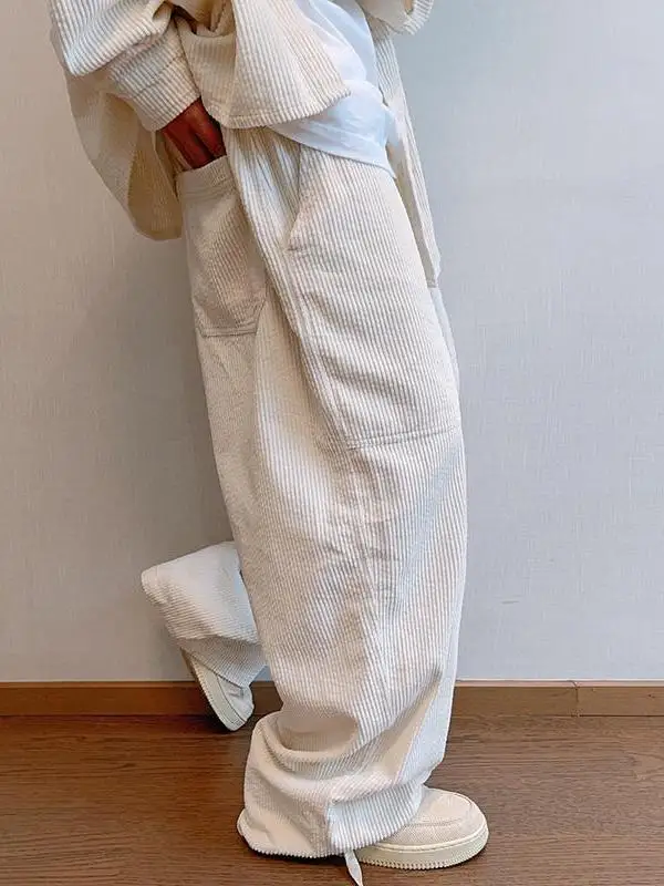 Men's Straight Leg Corduroy Casual Pants Large Size Floor-Length Loose Fit Spring Autumn Versatile Wide Leg Long Trousers
