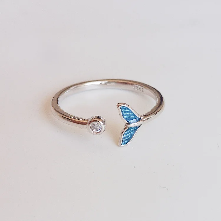 REETI 925 Sterling Silver Blue Fishtail Ring For Women Jewelry Adjustable Open Ring For Party Birthday Gift