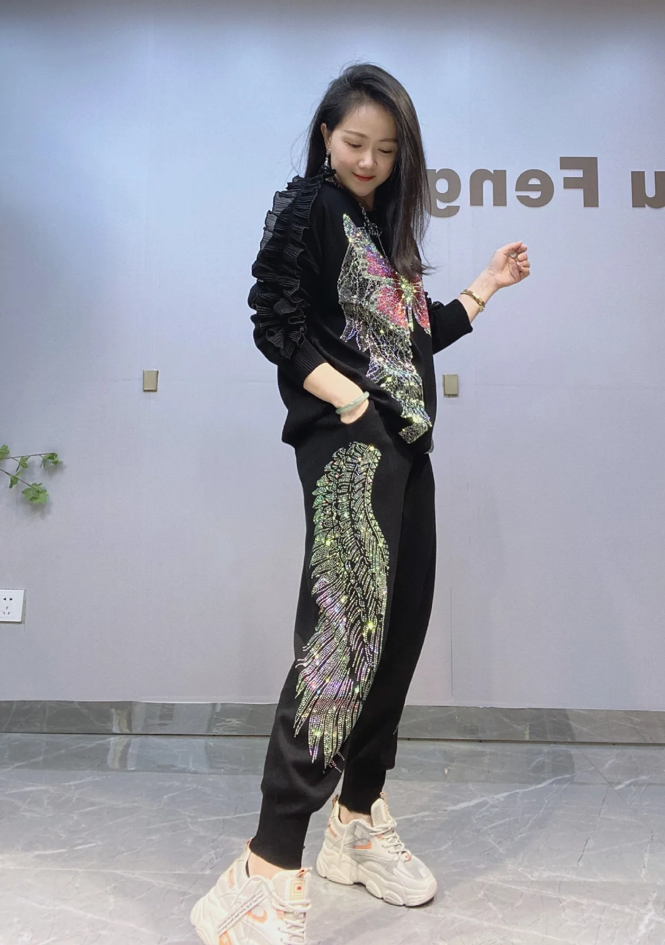 Ruffles Sequins Butterfly Knitted Pant Sets Tracksuit Women 2 Pieces Casual Pullover Knitshirt Outfits Vestidos Bust 118cm