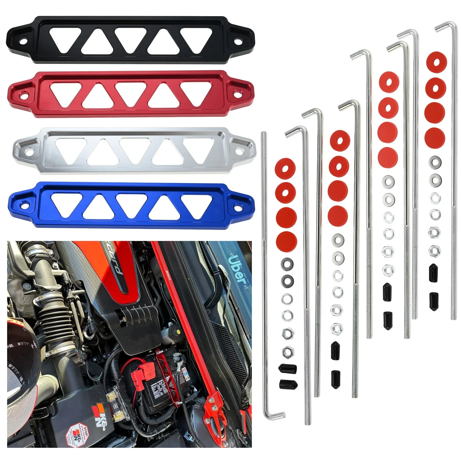 Universal Aluminum Alloy Car 5-Holes Triangle Battery Tray Holder Lock Accessories Tie Down Mount Bracket Kit with 10in J Bolts