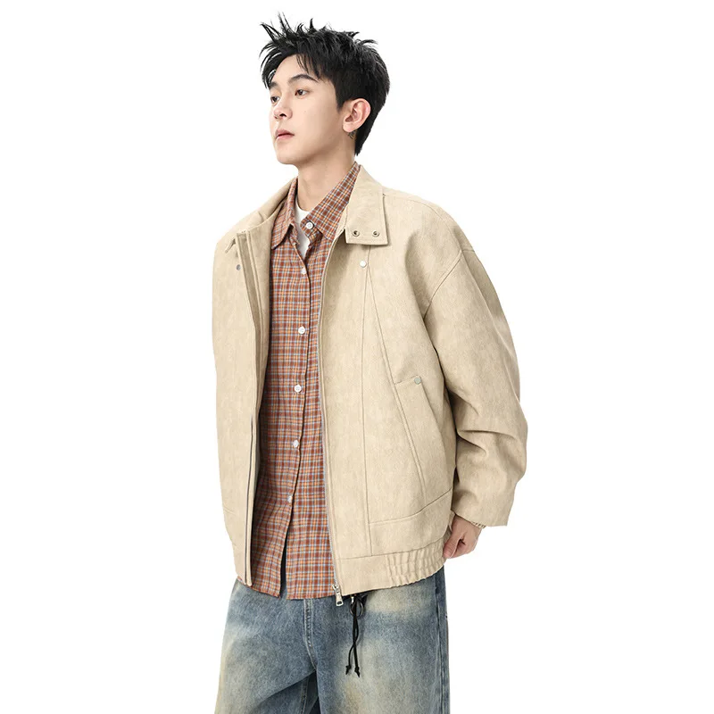Men PU Leather Jacket Casual Vintage Retro Turn Down Collar Loose Fit Spring Autumn Coat Streetwear Biker Jacket Male Outerwear