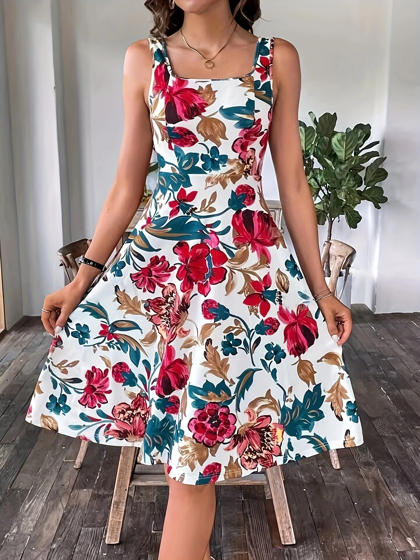 Party Women Floral printed Knee Length Sleeveless Square Neck Summer A-Line Suspender Dress