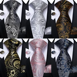 Grey And Gold Color Paisley 8cm Necktie Handkerchief Cufflinks Black Pink Grey Floral Wedding Party Silk Ties for Men Gift