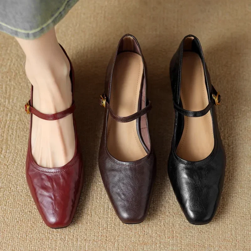 

Full sheepskin leather single shoes, women's thick high heels retro Mary Jane shoes, medium heeled leather shoes