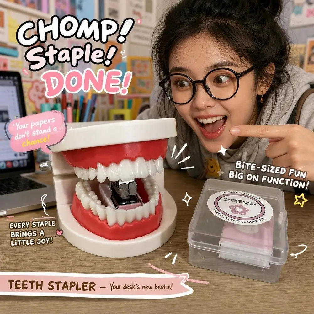 Mini Creative Denture Stapler Desk Binder Book Paper Stapling Staple Remover Staples Hold Punch School Office Binding Supplies