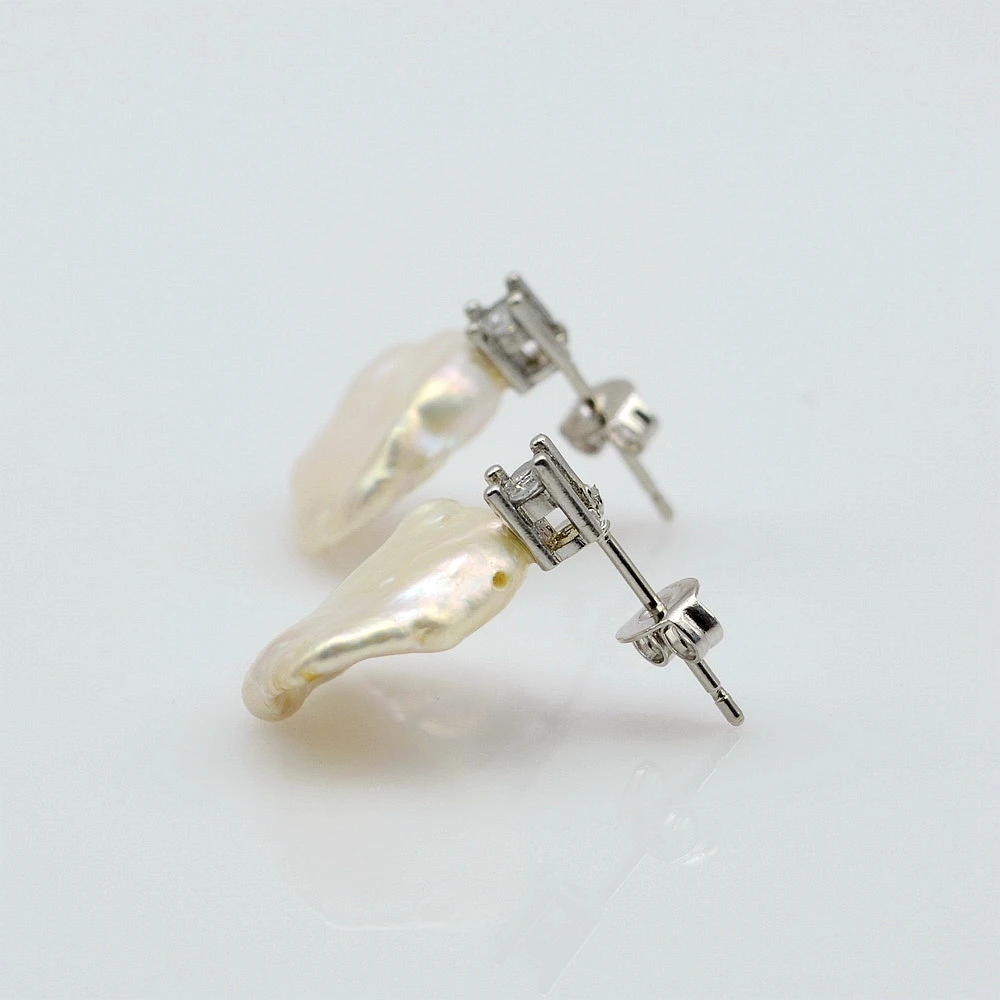 Pearl Earrings White Natural Pearl Silver Stud Earrings Irregular Shape Baroque Pearl Zirconia Women Flat Stud Earrings