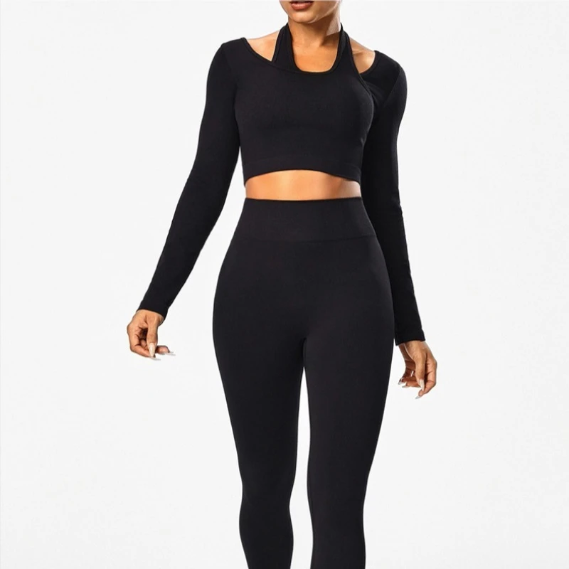 

Женские комплекты для йоги, комплект из 2 предметов, бесшовная спортивная одежда, спортивная одежда, спортивный костюм, укороченный топ с длинными рукавами, леггинсы с высокой талией для фитнеса
