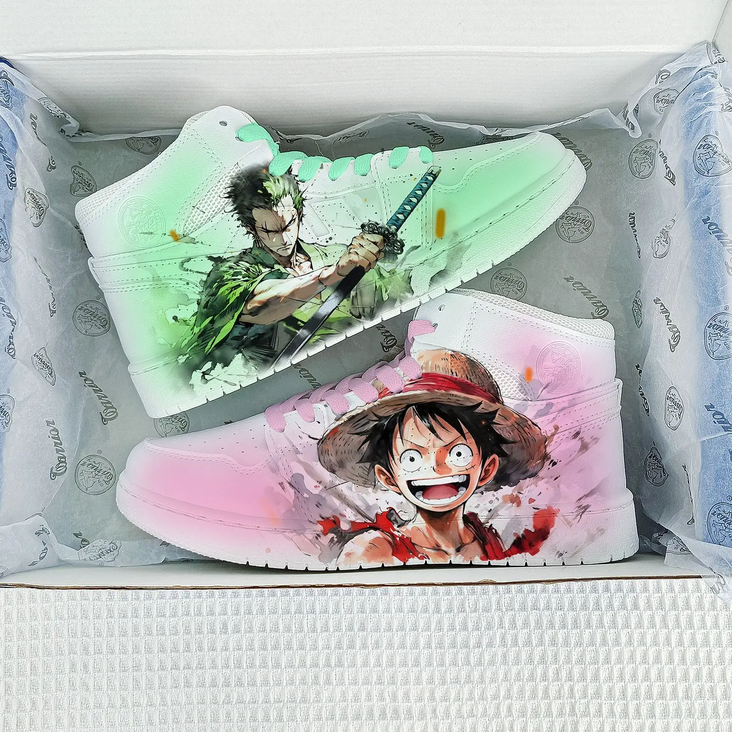 Anime One Piece Character Print Sneaker Luffy Zoro Gradient Color Low Top Board Shoe Unisex Lace Up Fashion Cosplay Walking Shoe