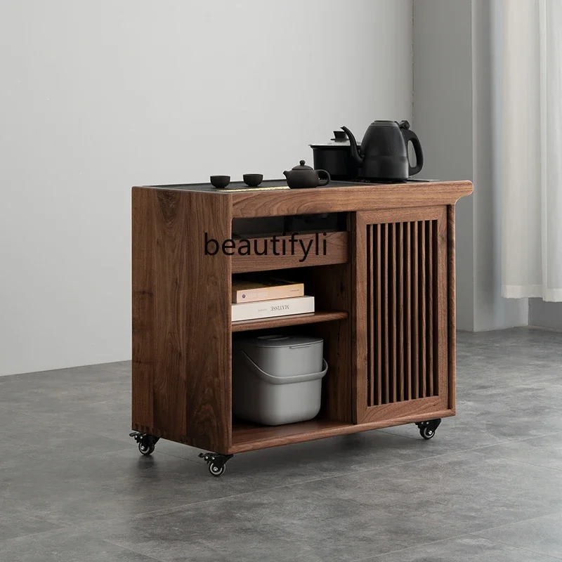 

Black walnut solid wood mobile tea cabinet, household, integrated side tea room storage integrated boiling water cabinet